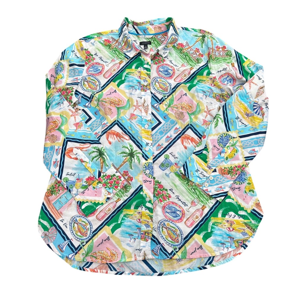 Talbots Womens Large Cotton St Tropez Coastal Novelty Print Button Down Shirt